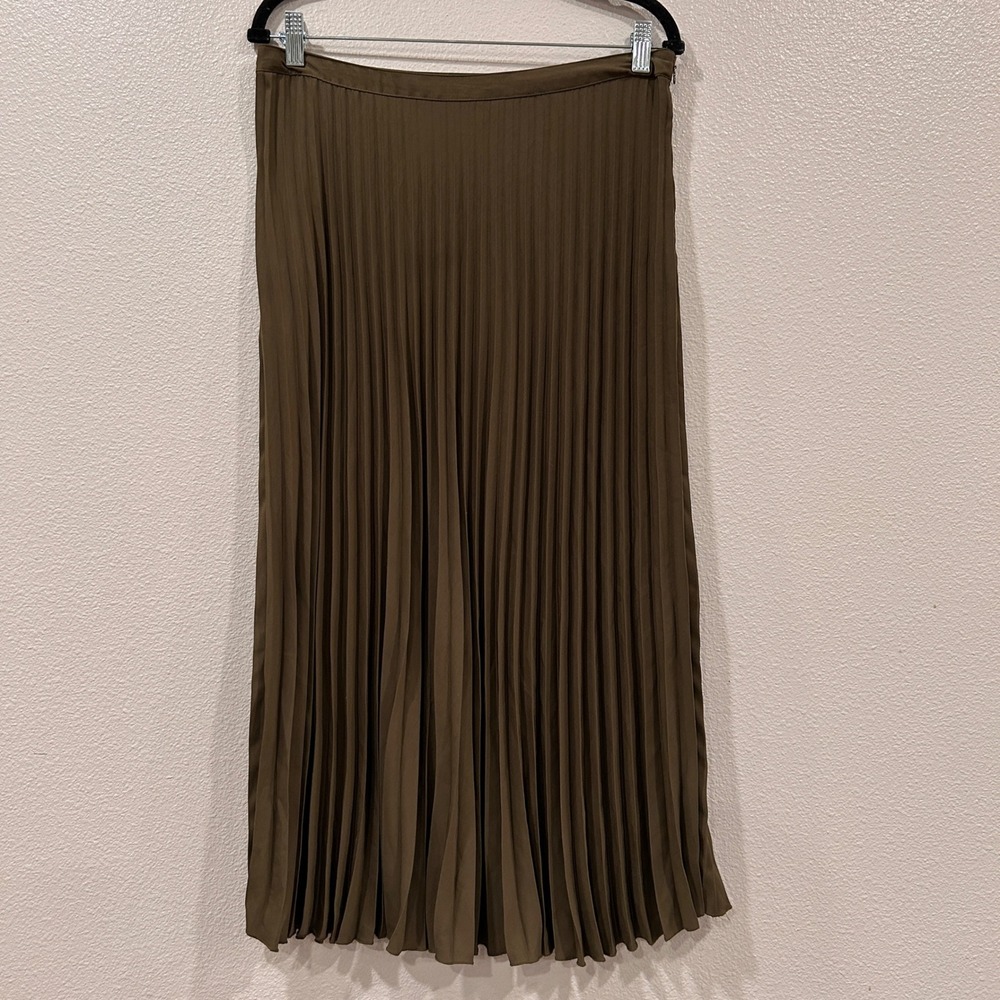 HM Olive Brown Pleated Midi Skirt Accordion Pleat Women's Size 12